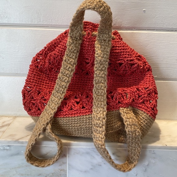 Boho Red and Natural Raffia Drawstring Backpack - Picture 4 of 7